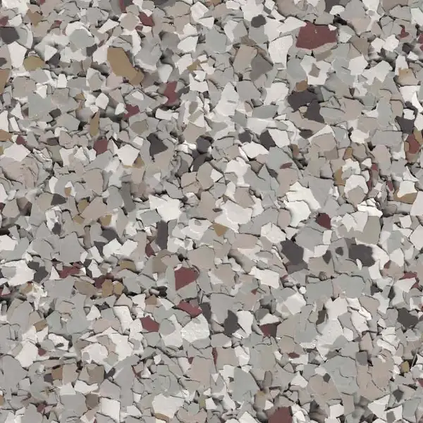 This image shows a close-up view of a surface covered with a multicolored stone or paint chip pattern in various shades of gray.