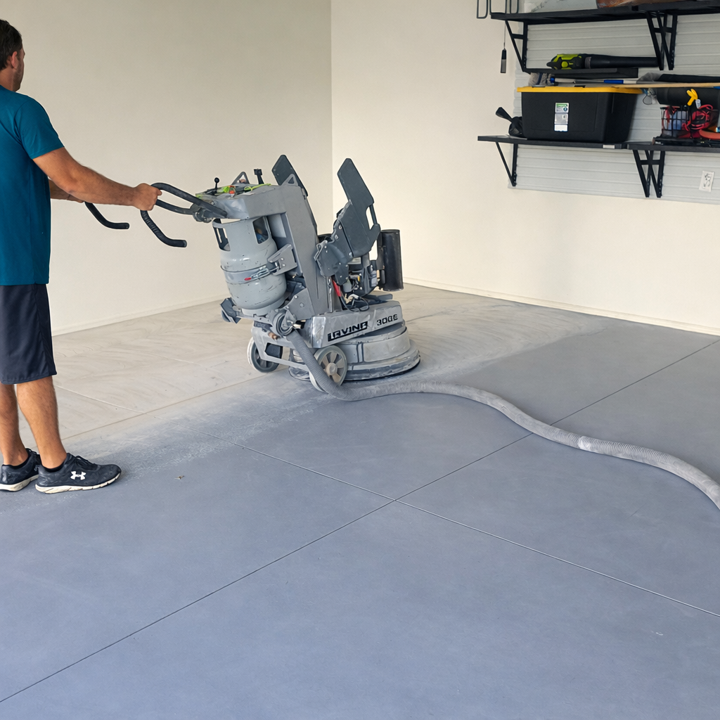A man operates a walk-behind concrete floor grinder on a concrete floor in a garage.