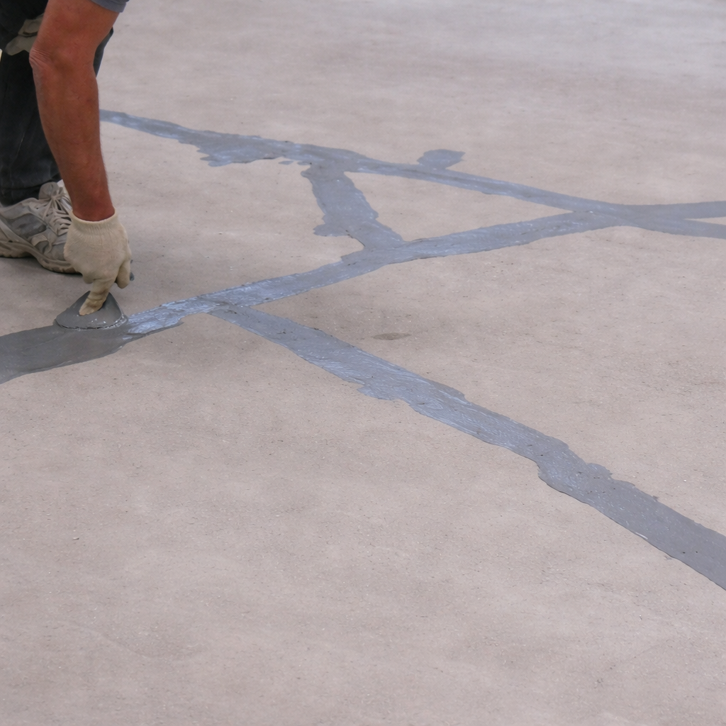 Close-up of a gloved hand applying blue sealant to cracks in a concrete floor.