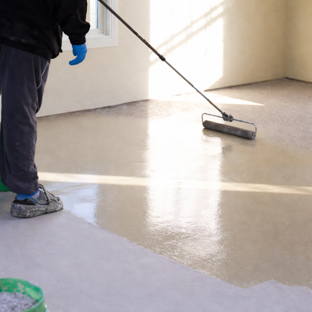 A worker in blue gloves uses a paint roller to apply a coating on a wet concrete floor indoors.