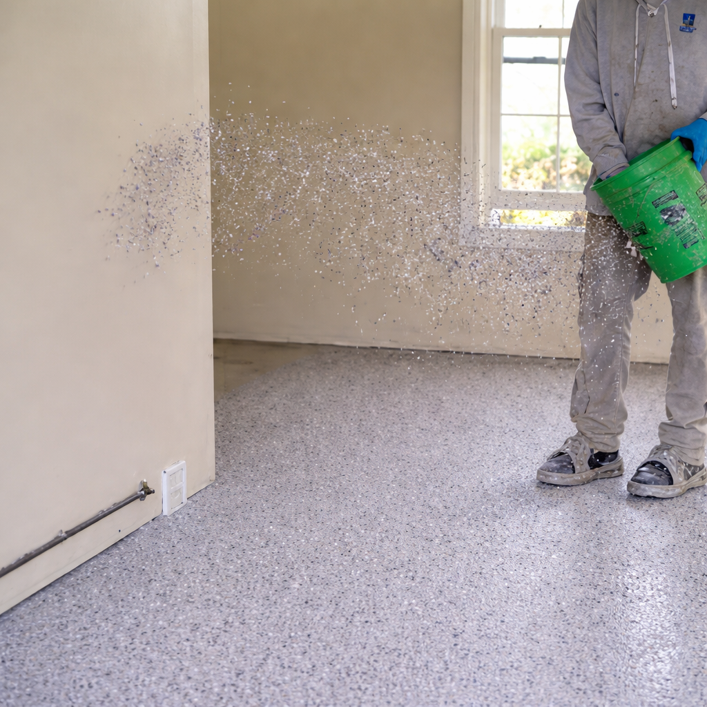 Worker in gray coveralls and sneakers holds a green bucket and sprays a fine trail of white particles across a light speckled floor in an empty room.