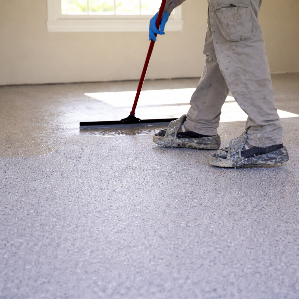 A worker wearing gloves spreads epoxy on a speckled concrete floor with a squeegee.
