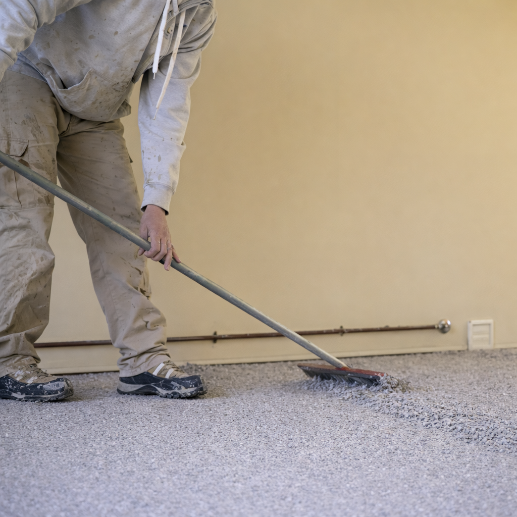 A worker uses a long-handled screed to level a concrete floor inside a room.